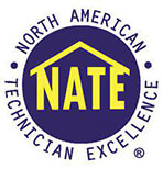 NATE yellow house logo with text reading north american technician excellence
