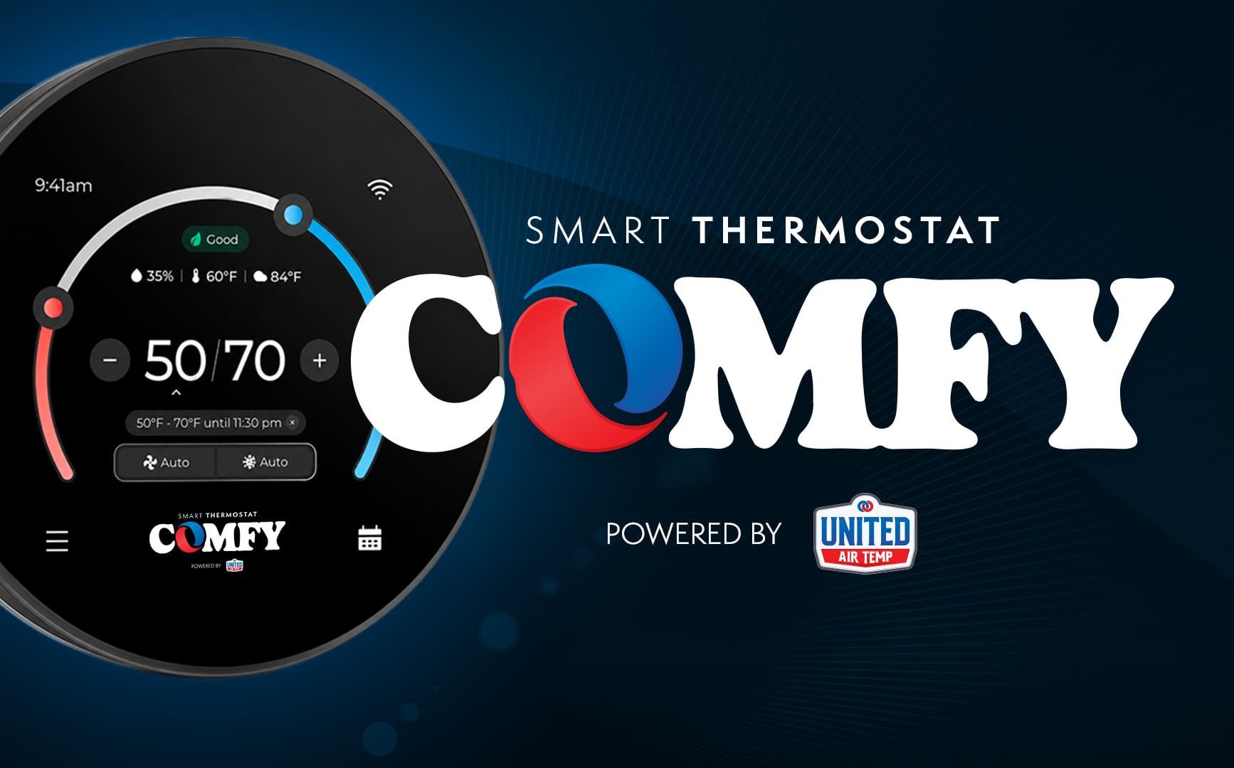 Hero banner for a smart thermostat app called COMFY; left shows a circular control UI, right features bold COMFY branding and 'Smart Thermostat' text.