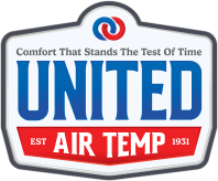 United Air Temp logo with a slogan reading "Leader in Home Comfort Since 1931" on a grey background